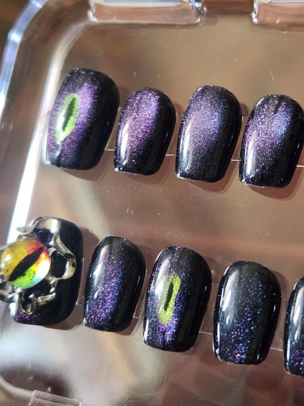 1.5 Black & Smoke Gray cateye press-on nails w/ eye design. Size  S